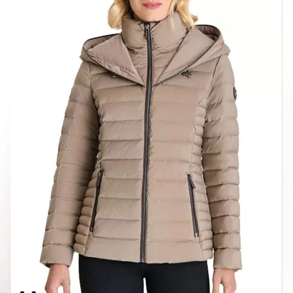 Michael Kors Lightweight Packable‎ Cozy Tan Hooded Puffer Zip Up Jacket Sz S-M
